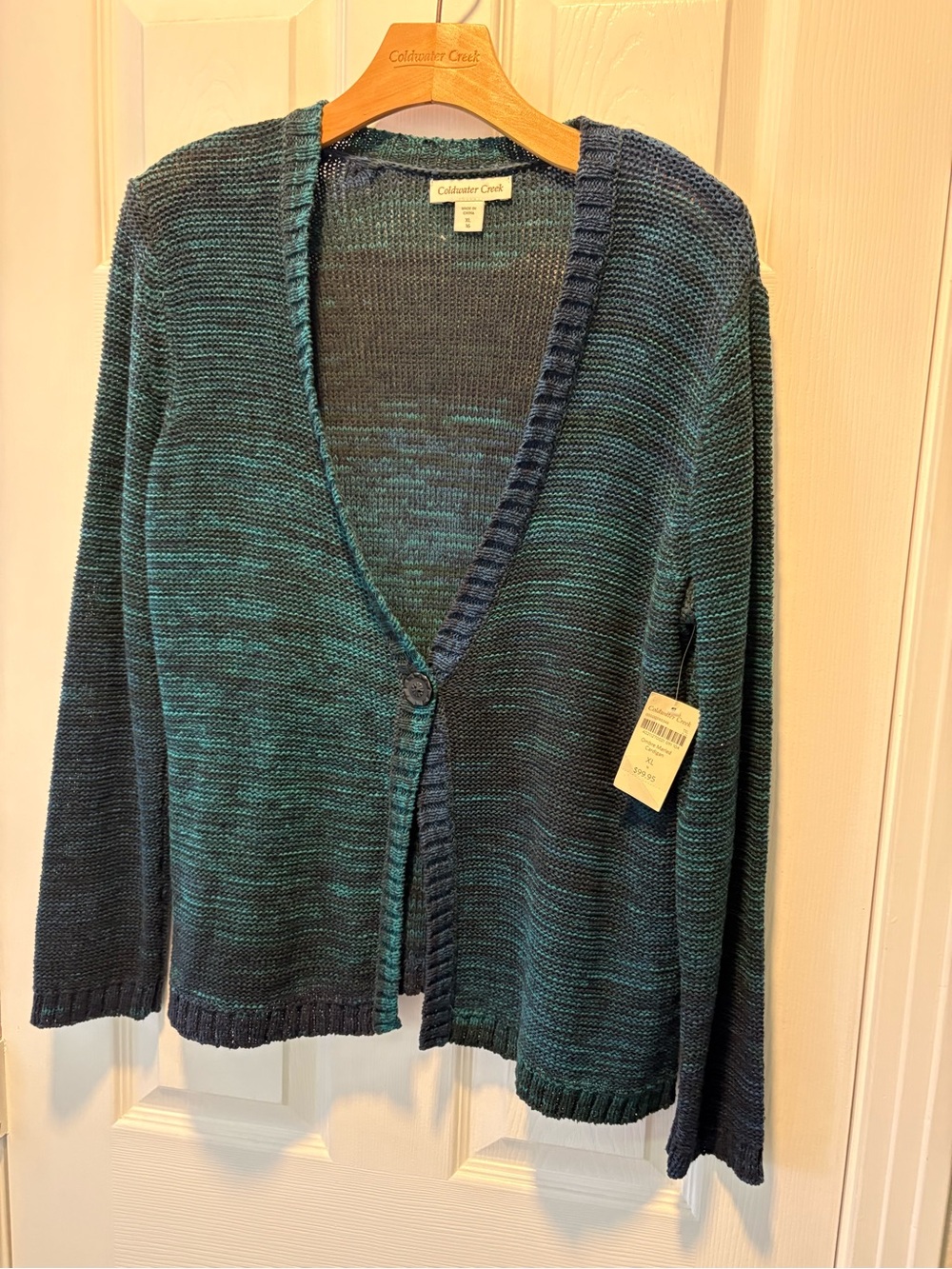 Coldwater Creek Teal & Navy Marled Single-Button V-Neck Cardigan